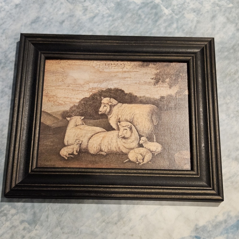 N. Scheeman 1987 Sheep In‎ Landscape Framed Art Print Rustic Farm Decor